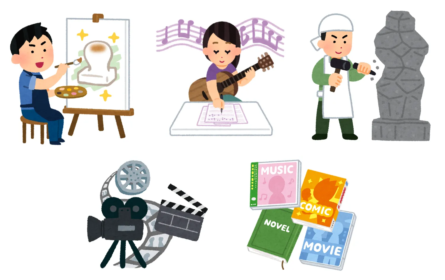 An illustration that visualizes the image of works. A person sitting in front of a canvas painting an oil painting, a person composing music with a guitar, a person carving a sculpture out of stone with a chisel and hammer, movie film with a camera and clapperboard, a novel, a comic book, a DVD case for a movie, and a CD case for music.